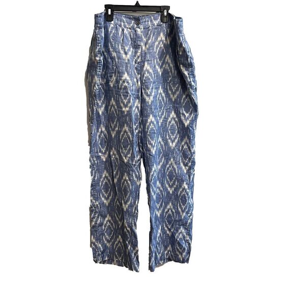 Chico's Blue White Linen Chino Pants Sz 14 2.5 Wide Leg Ikat Beach Boho Womens - Picture 1 of 12